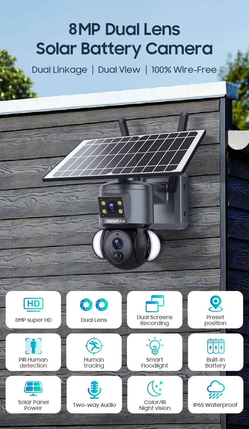 SHIWOJIA Advanced 4K Solar-Powered Outdoor Security Camera with Dual Lens